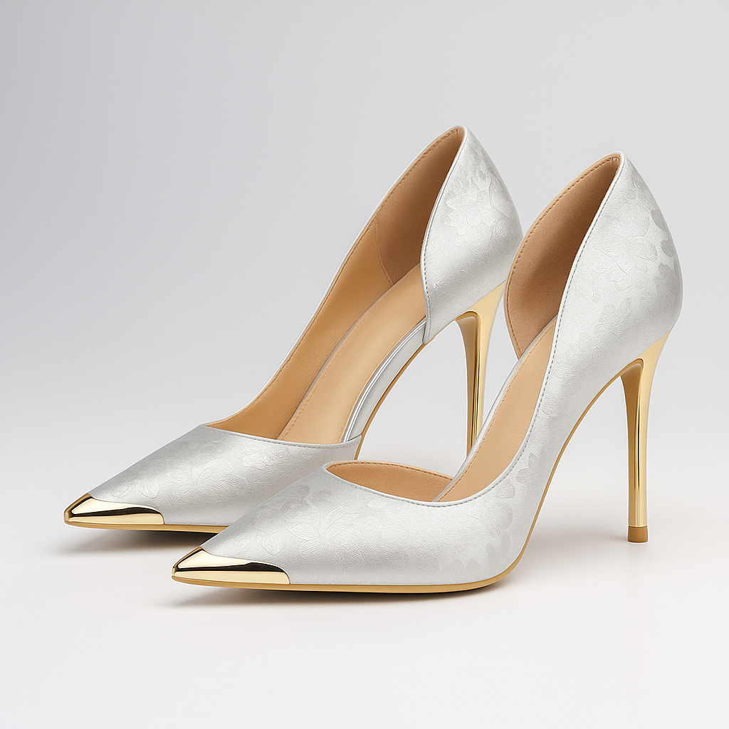 Women's Satin Jacquard Stiletto Heels with Metallic Gold Tip