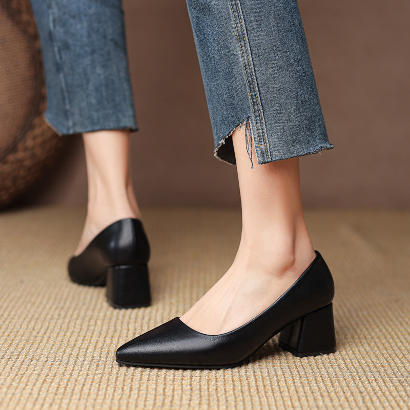 Women's Smooth Block Heels with Closed Pointed Toe
