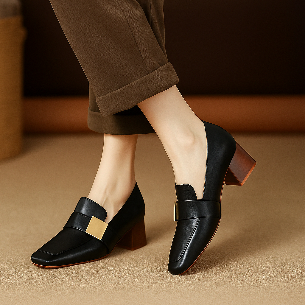 Women's Smooth Faux Leather Block Heel Court Shoes