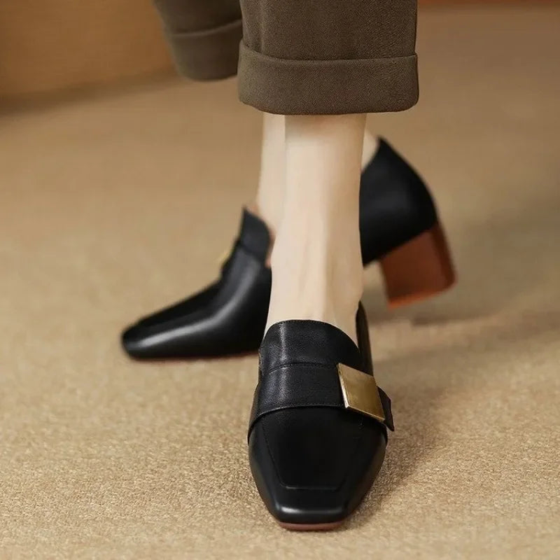 Women's Smooth Faux Leather Block Heel Court Shoes