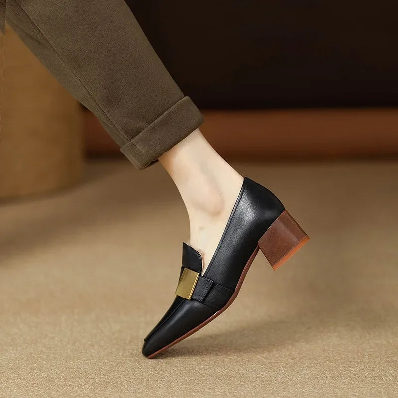 Women's Smooth Faux Leather Block Heel Court Shoes