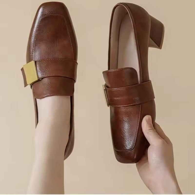 Women's Smooth Faux Leather Block Heel Court Shoes