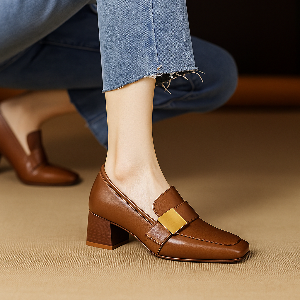 Women's Smooth Faux Leather Block Heel Court Shoes