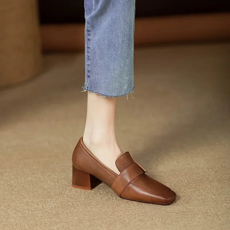 Women's Smooth Faux Leather Block Heel Court Shoes