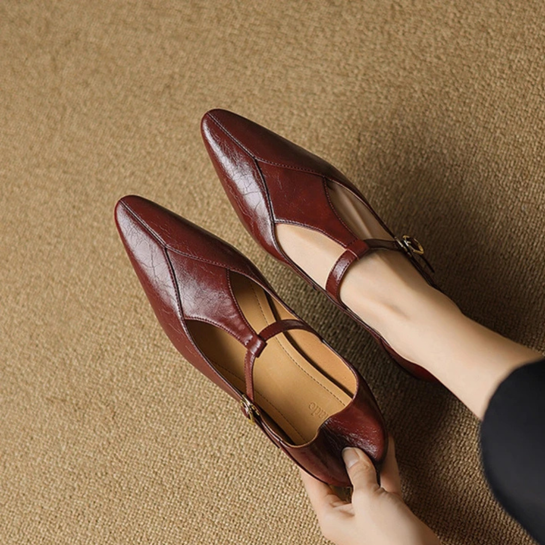 Women's Smooth T-Bar Flats with Pointed Toe
