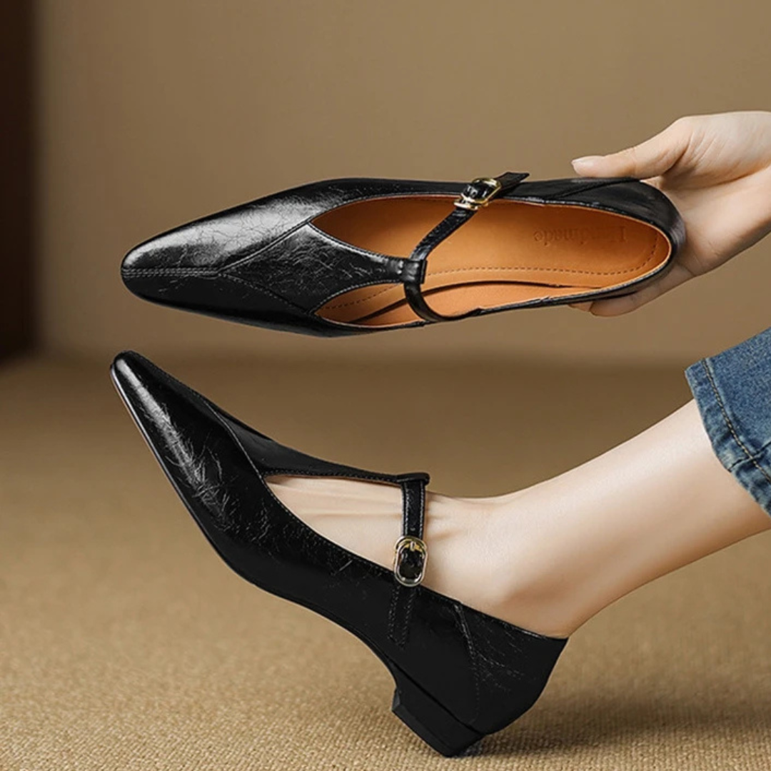 Women's Smooth T-Bar Flats with Pointed Toe
