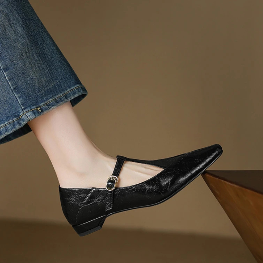 Women's Smooth T-Bar Flats with Pointed Toe