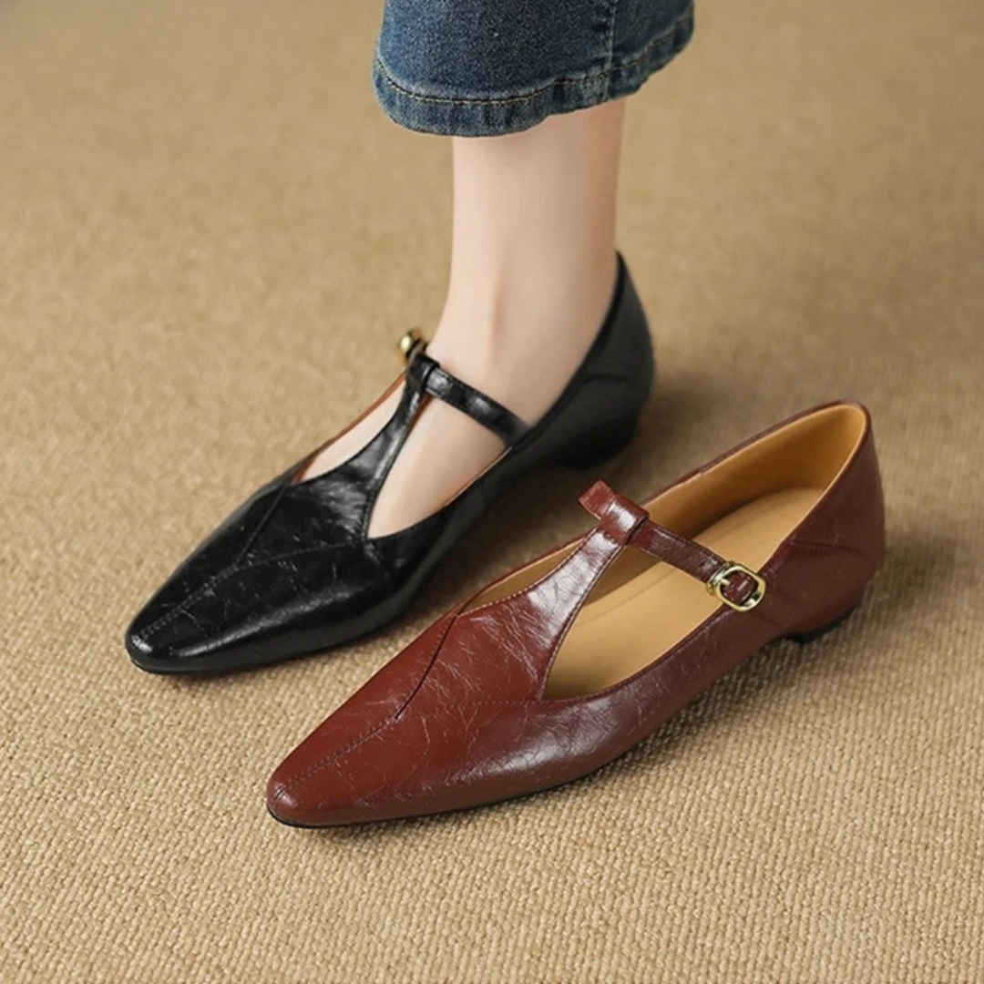 Women's Smooth T-Bar Flats with Pointed Toe