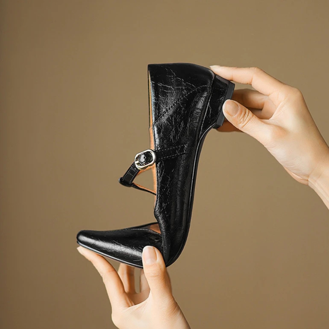 Women's Smooth T-Bar Flats with Pointed Toe