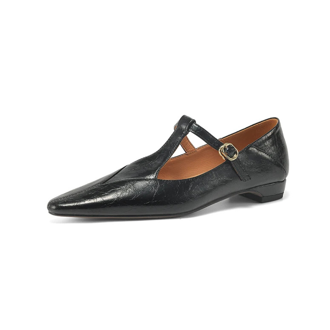 Women's Smooth T-Bar Flats with Pointed Toe