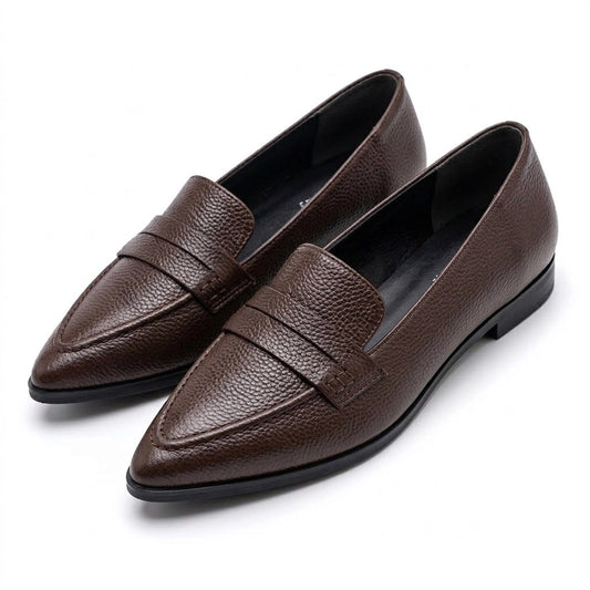 Women's Textured Flat Shoes with Pointed Toe and Penny Loafer Strap