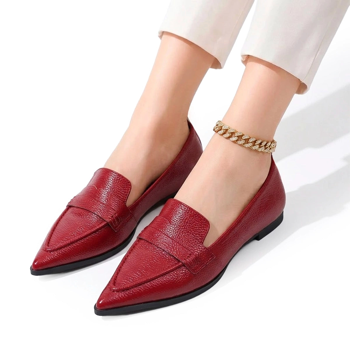 Women's Textured Flat Shoes with Pointed Toe and Penny Loafer Strap