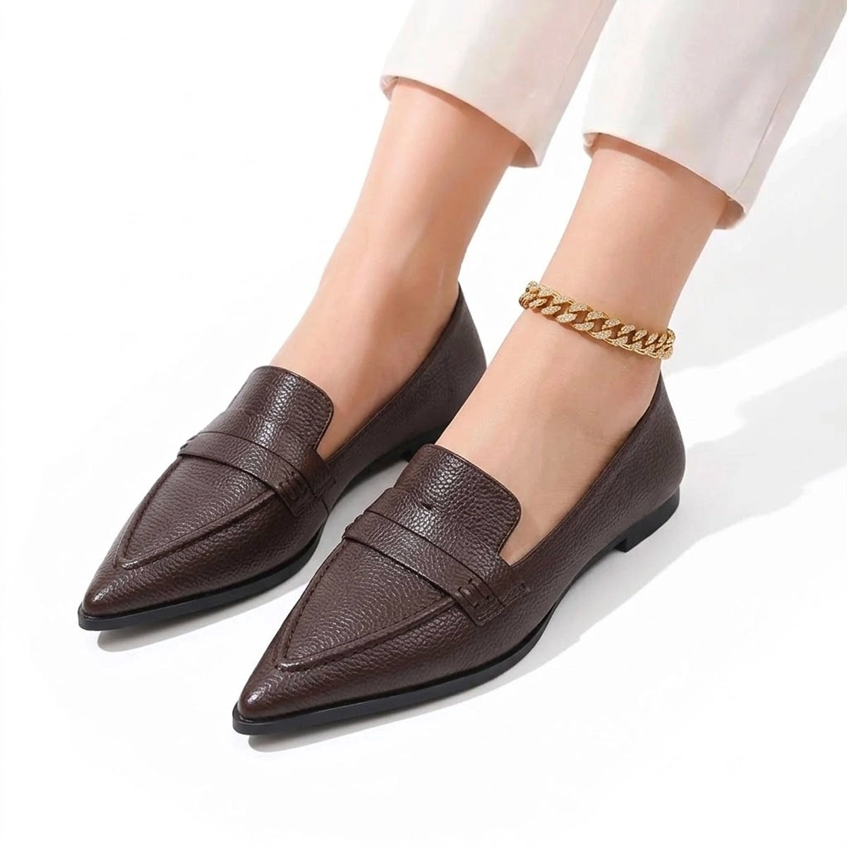 Women's Textured Flat Shoes with Pointed Toe and Penny Loafer Strap