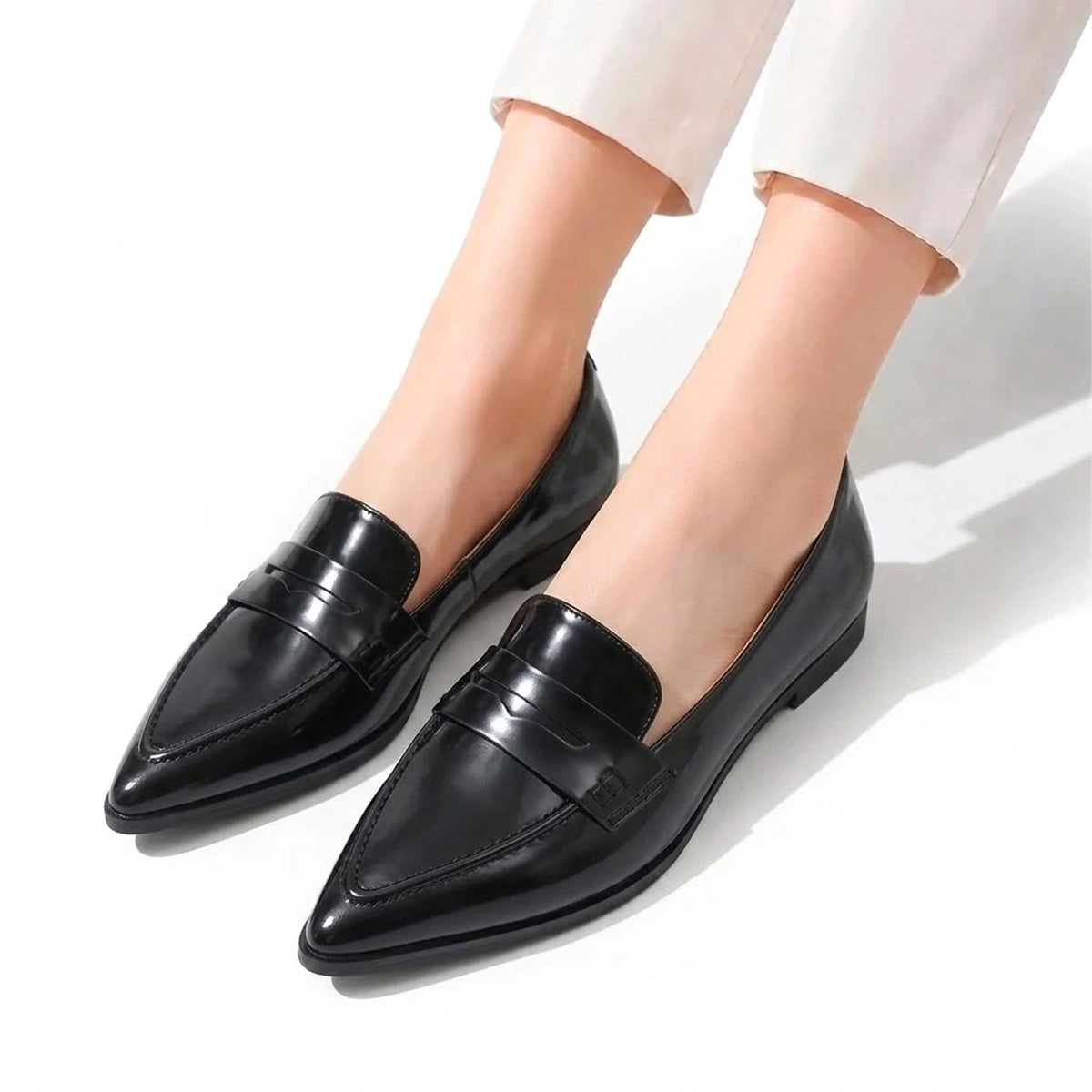 Women's Textured Flat Shoes with Pointed Toe and Penny Loafer Strap