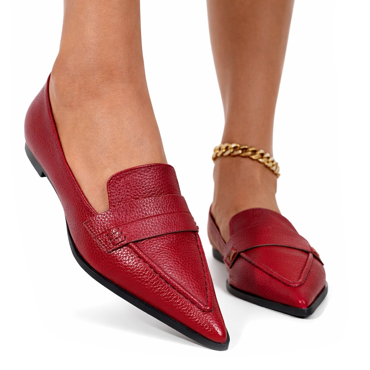 Women's Textured Flat Shoes with Pointed Toe and Penny Loafer Strap