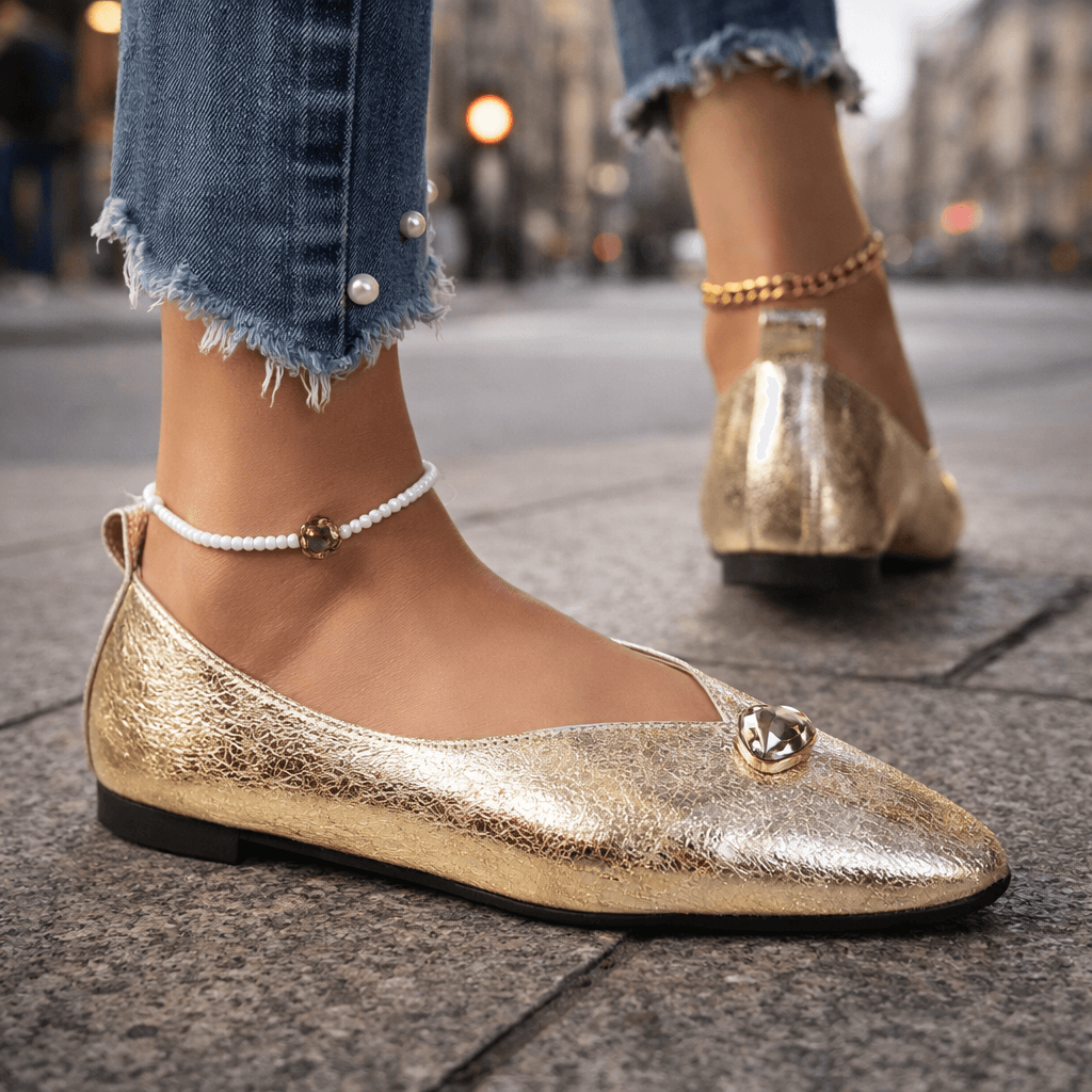Women's Textured Flat Slip-On Shoes with Subtle Stone Detail
