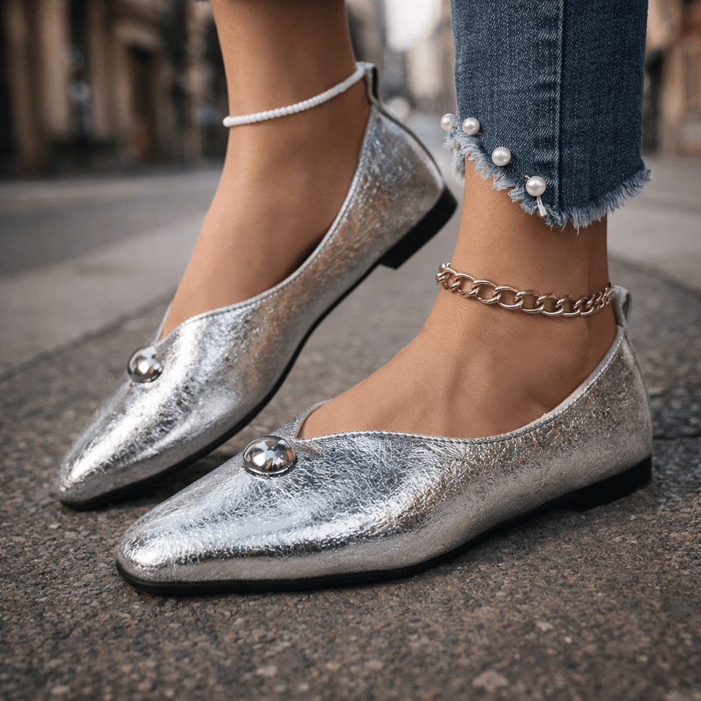 Women's Textured Flat Slip-On Shoes with Subtle Stone Detail