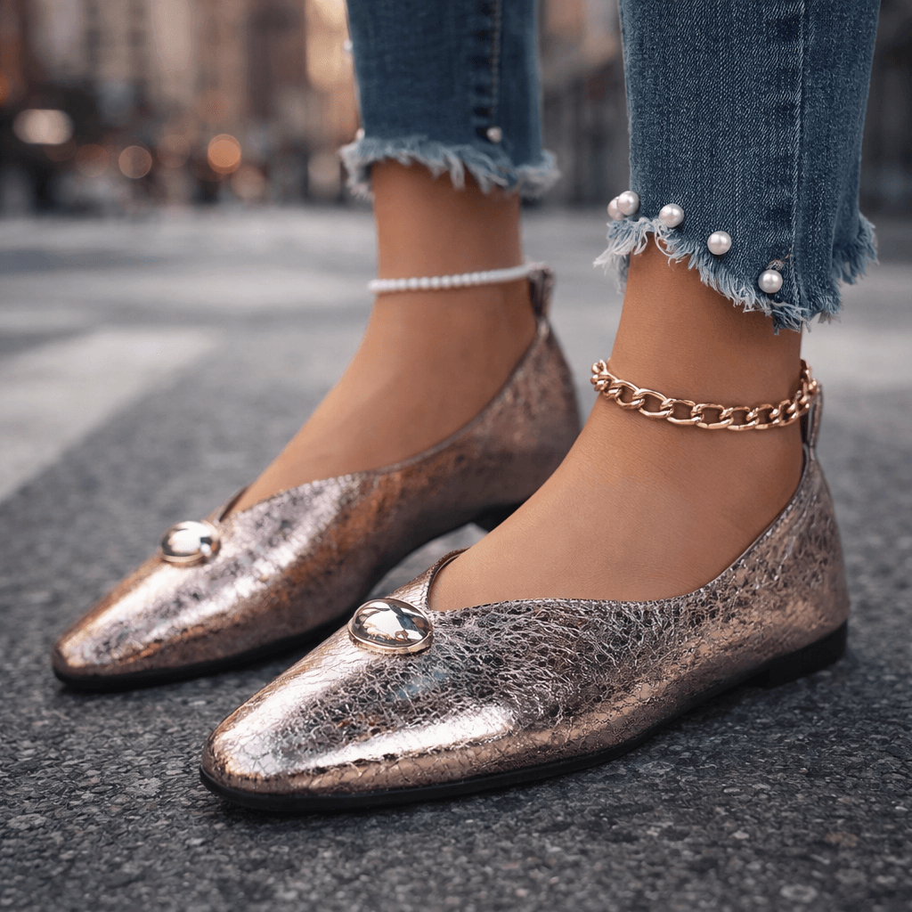Women's Textured Flat Slip-On Shoes with Subtle Stone Detail