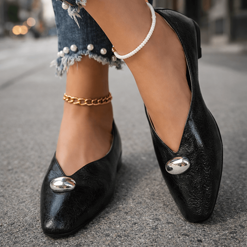 Women's Textured Flat Slip-On Shoes with Subtle Stone Detail