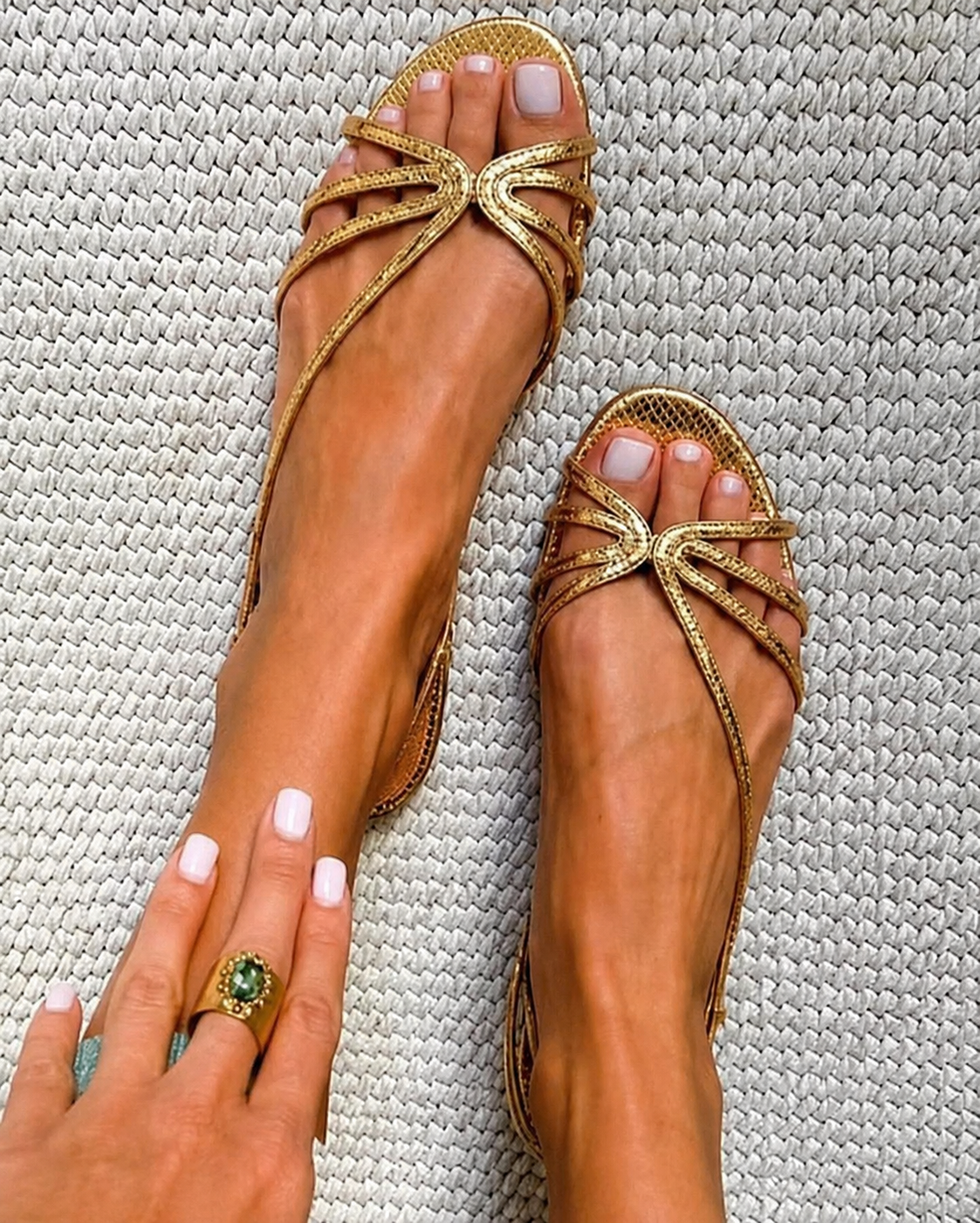 Women's Thin Strap Flat Sandals with Gold Finish