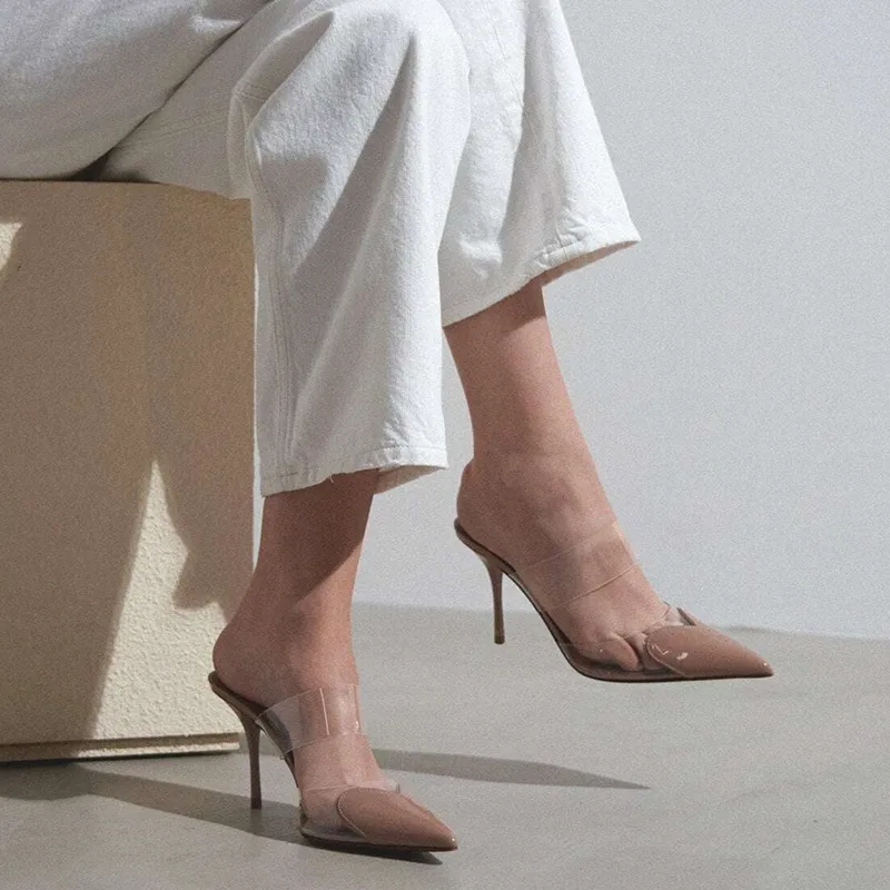 Women's Transparent Band Heeled Court Shoes with Sculpted Toe