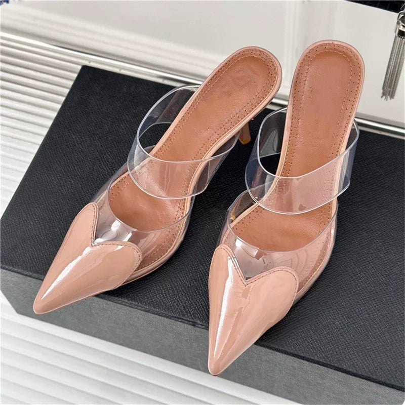 Women's Transparent Band Heeled Court Shoes with Sculpted Toe