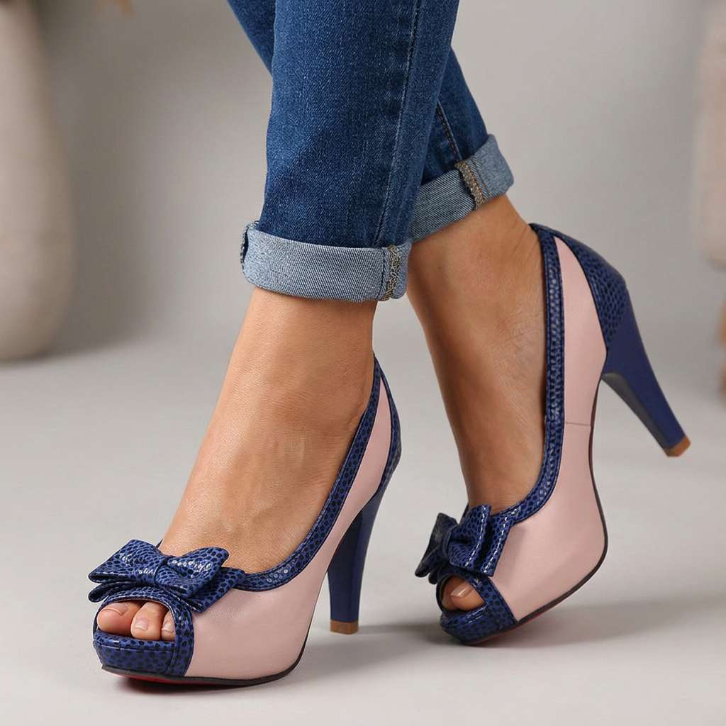 Women's Two-Tone Open Toe Court Shoes with Bow Detail