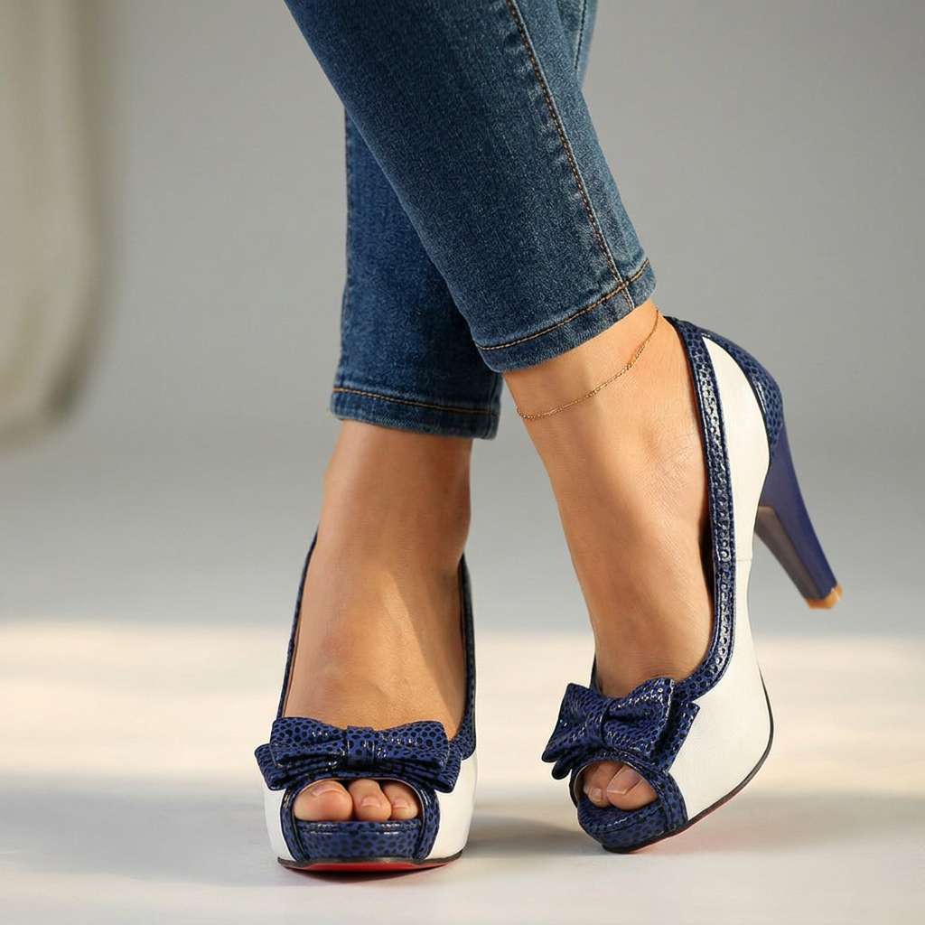 Women's Two-Tone Open Toe Court Shoes with Bow Detail