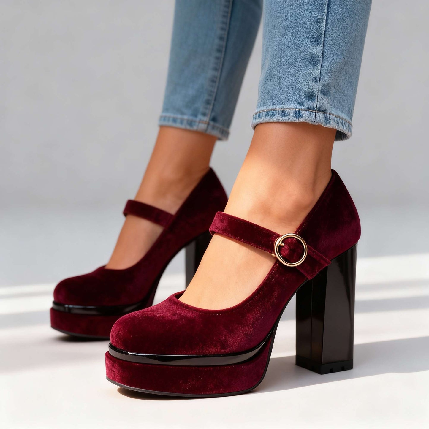 Women's Velvet Block Heel Mary Janes with Cushioned Insole