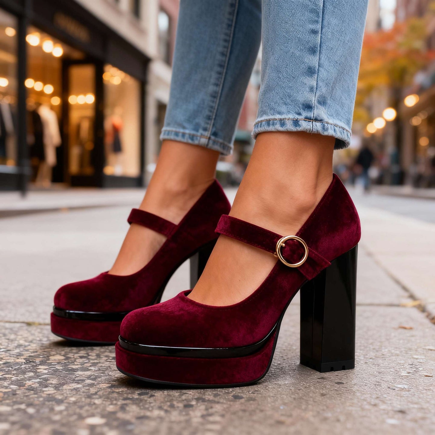 Women's Velvet Block Heel Mary Janes with Cushioned Insole