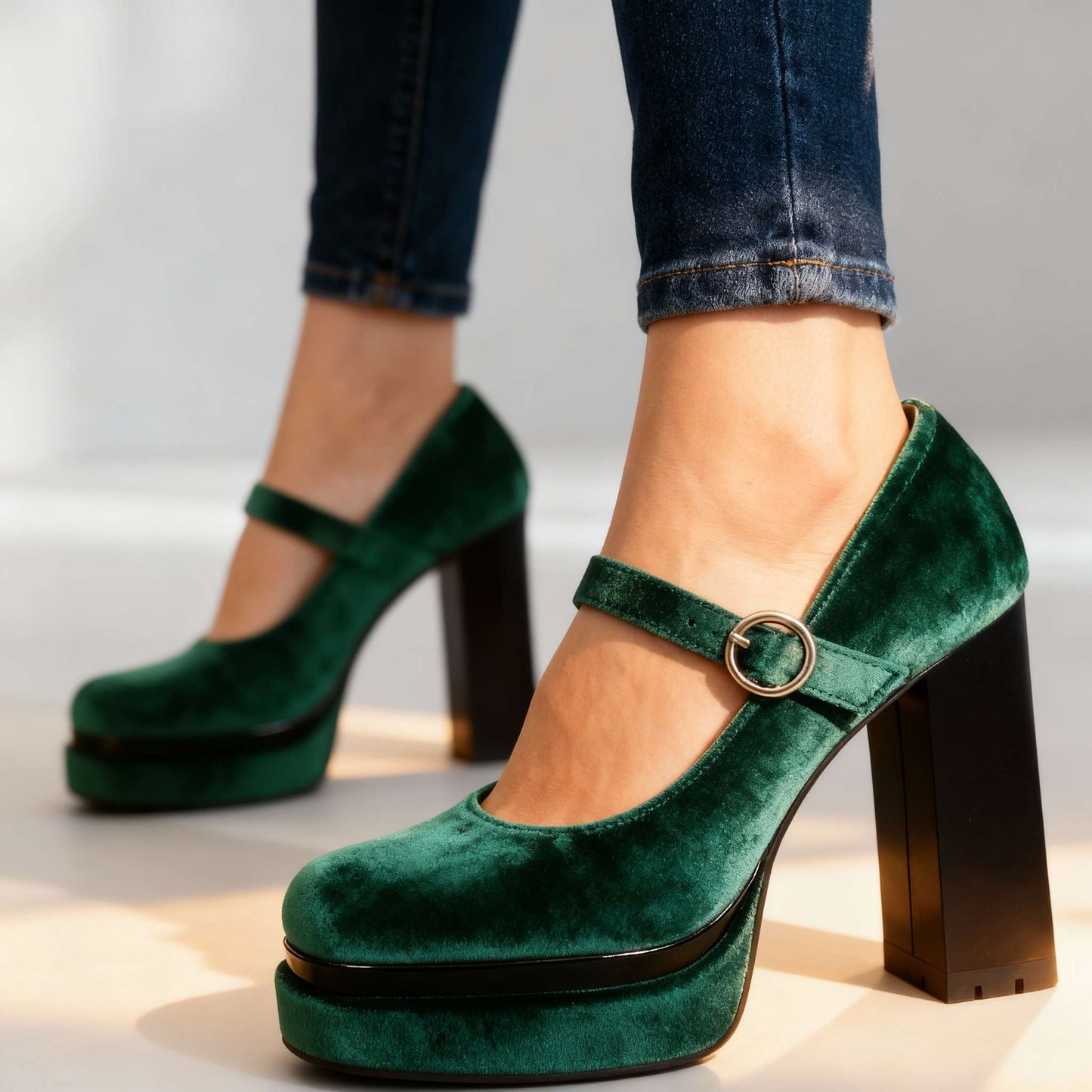 Women's Velvet Block Heel Mary Janes with Cushioned Insole