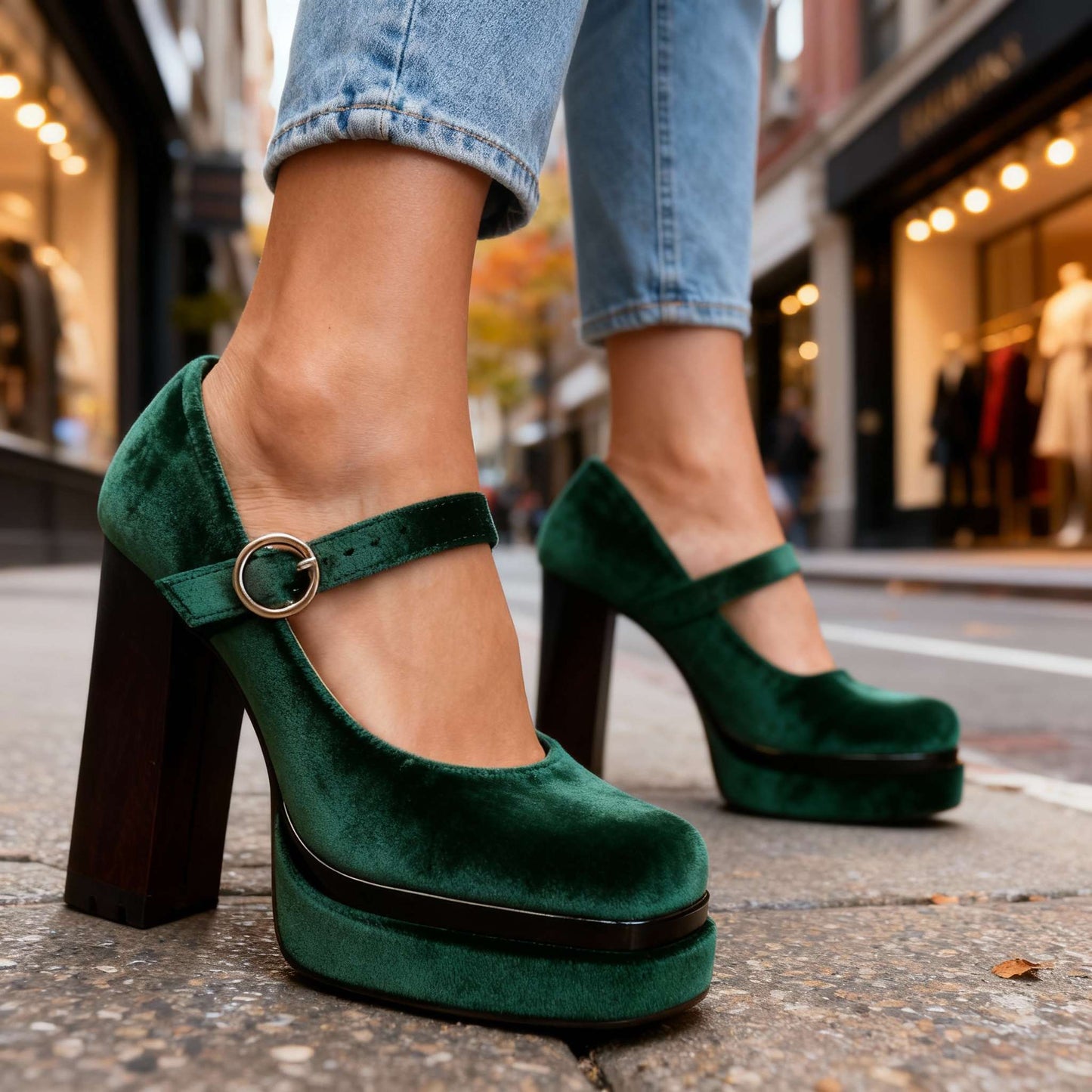 Women's Velvet Block Heel Mary Janes with Cushioned Insole