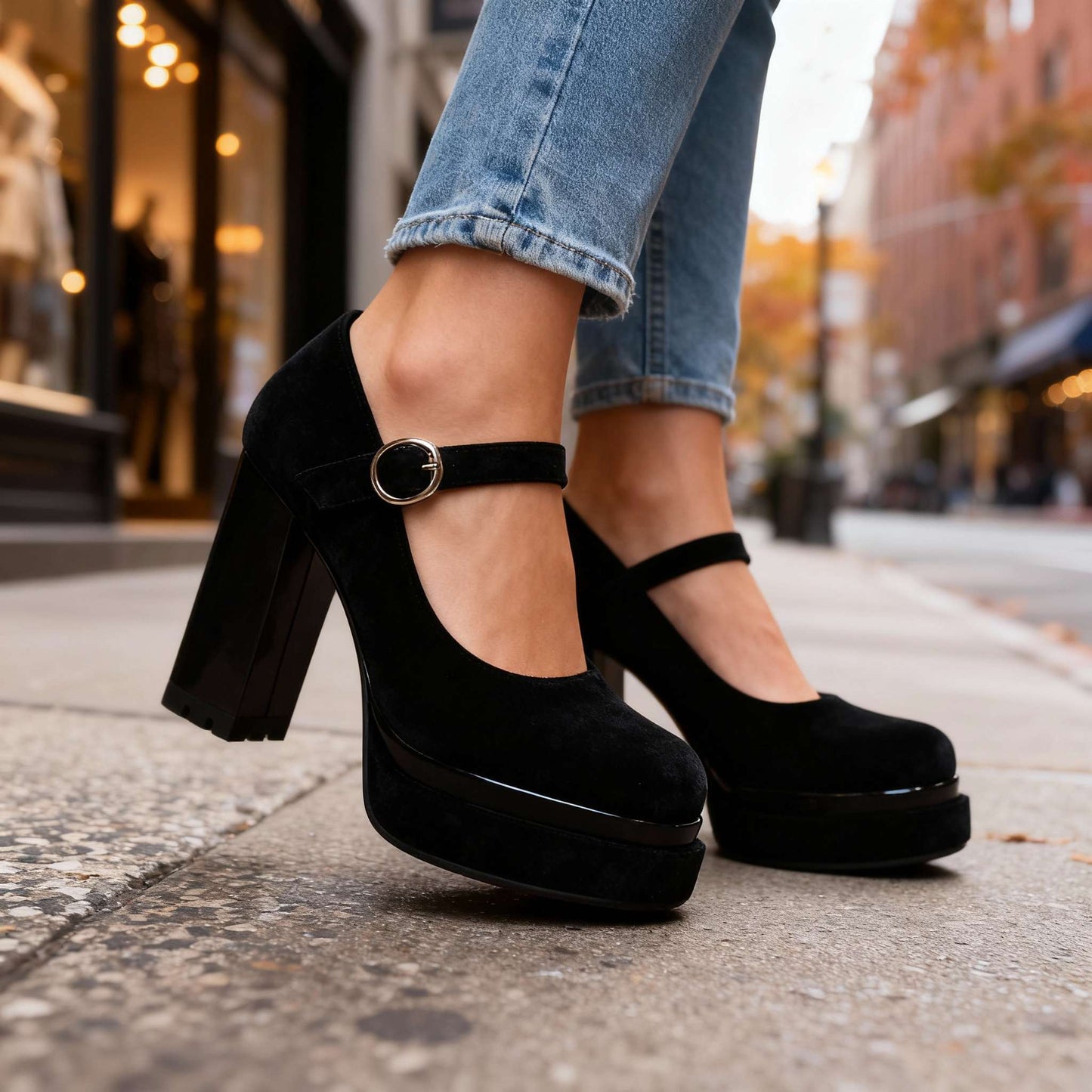 Women's Velvet Block Heel Mary Janes with Cushioned Insole