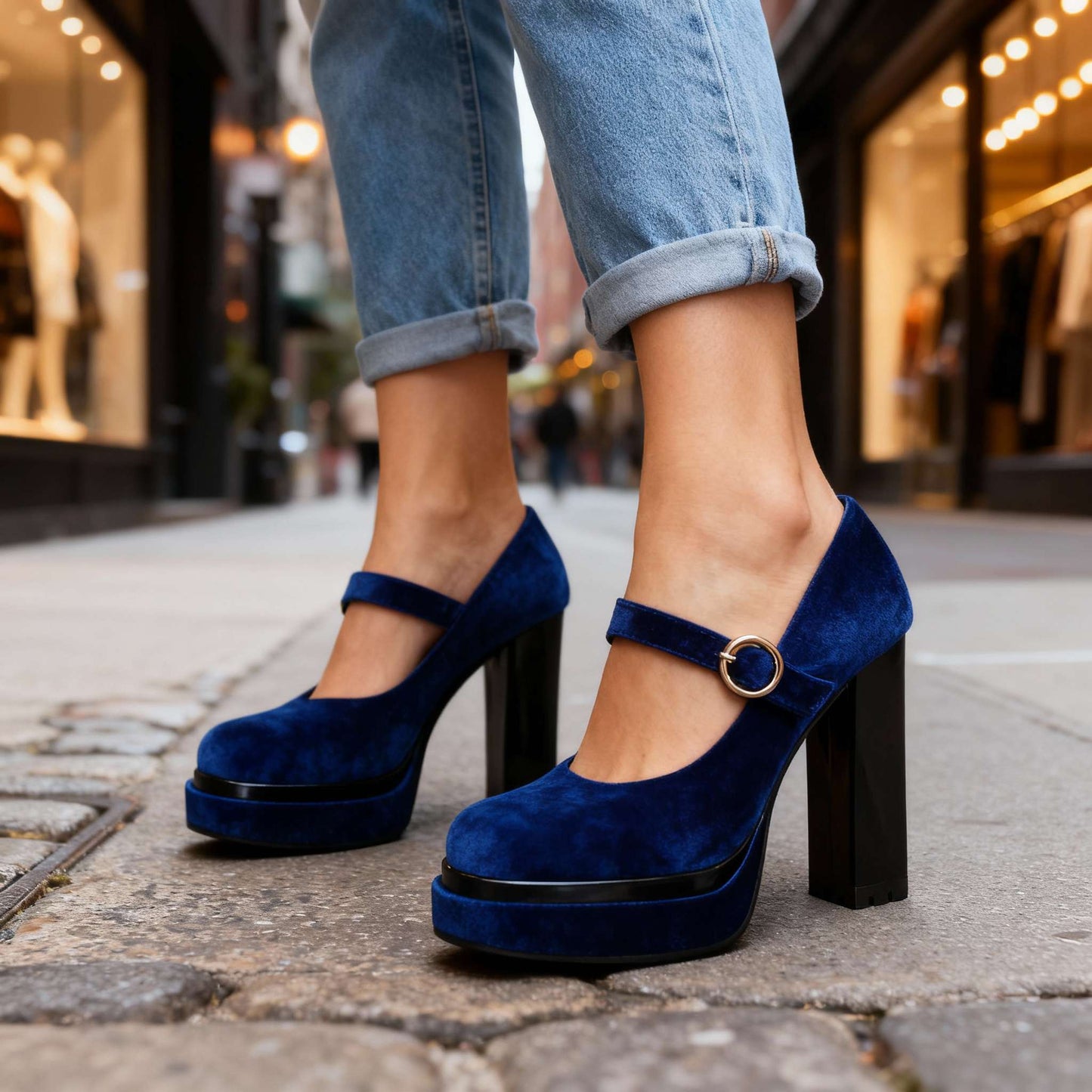 Women's Velvet Block Heel Mary Janes with Cushioned Insole