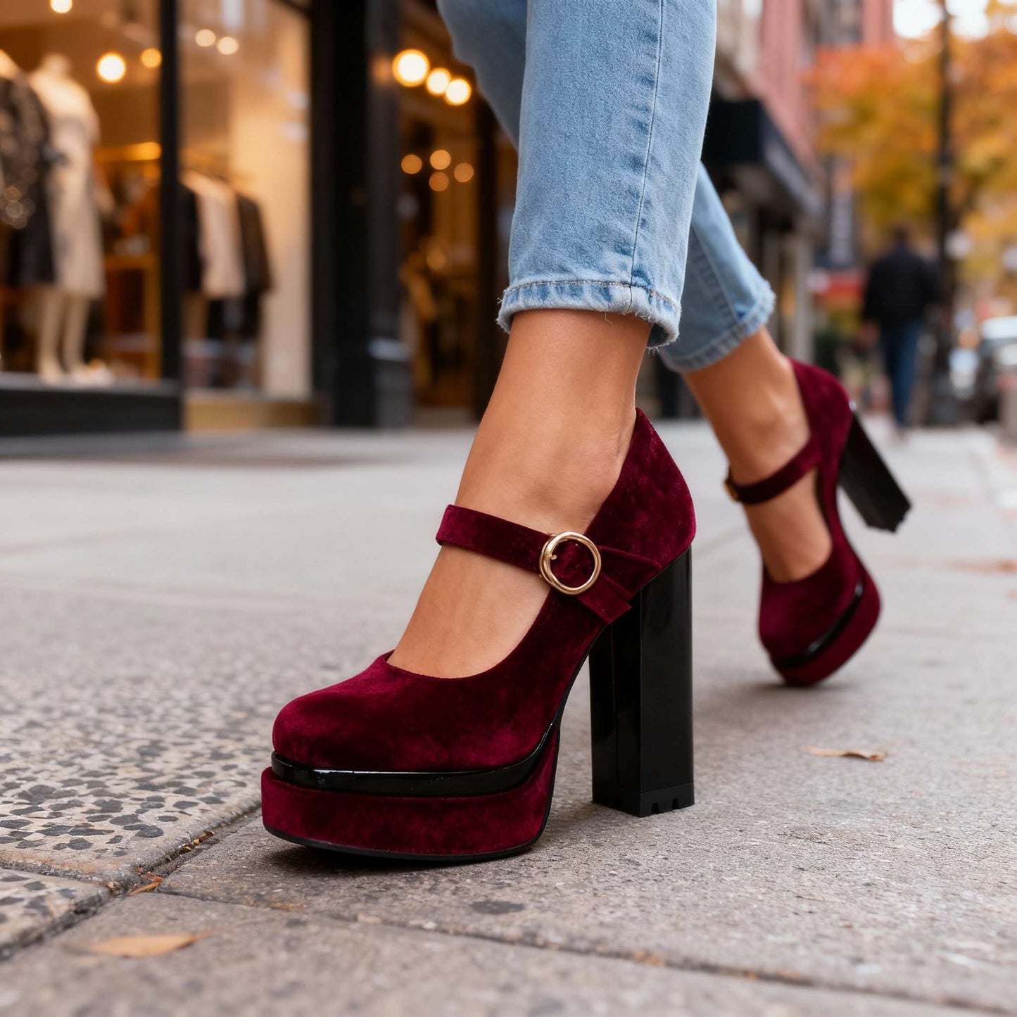 Women's Velvet Block Heel Mary Janes with Cushioned Insole