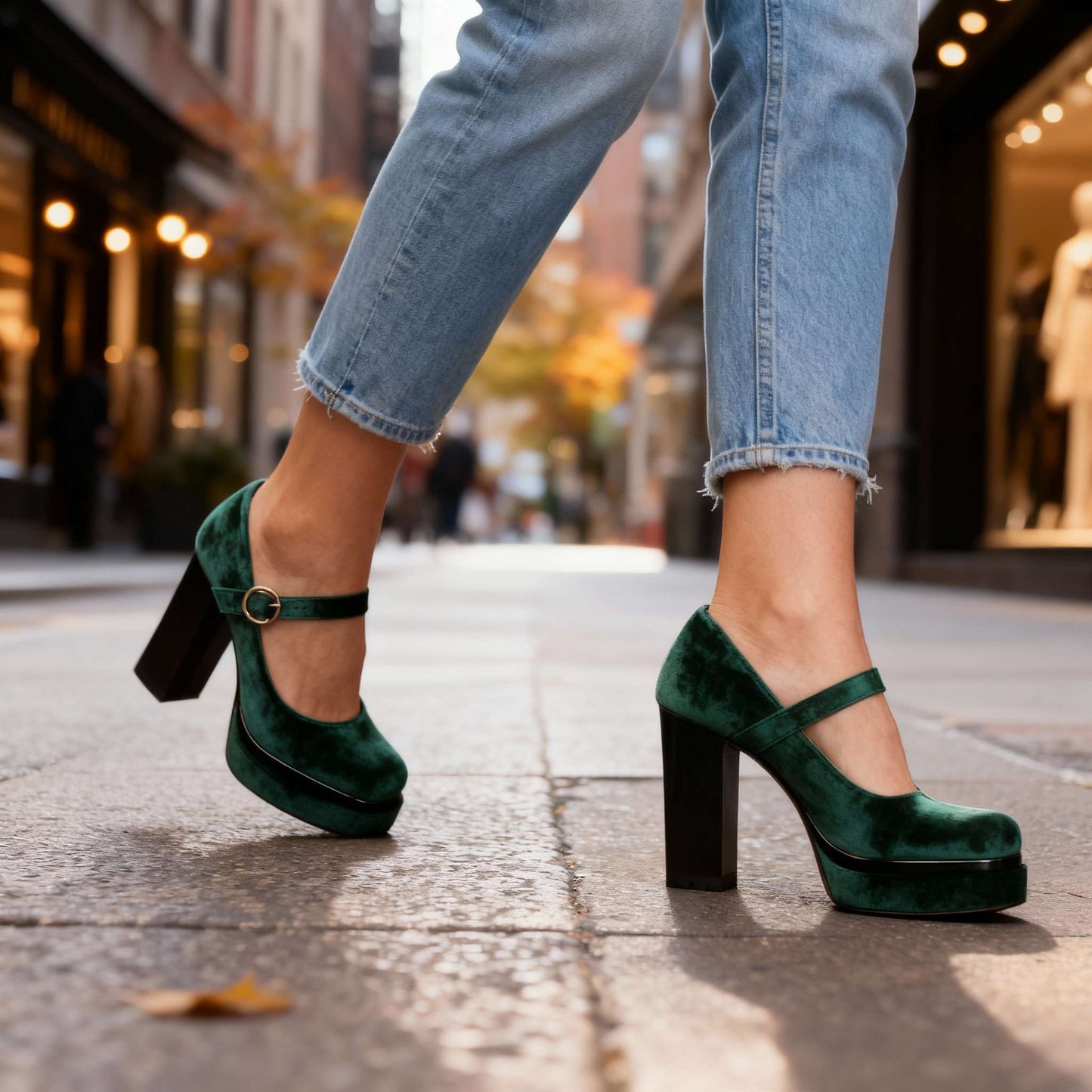 Women's Velvet Block Heel Mary Janes with Cushioned Insole