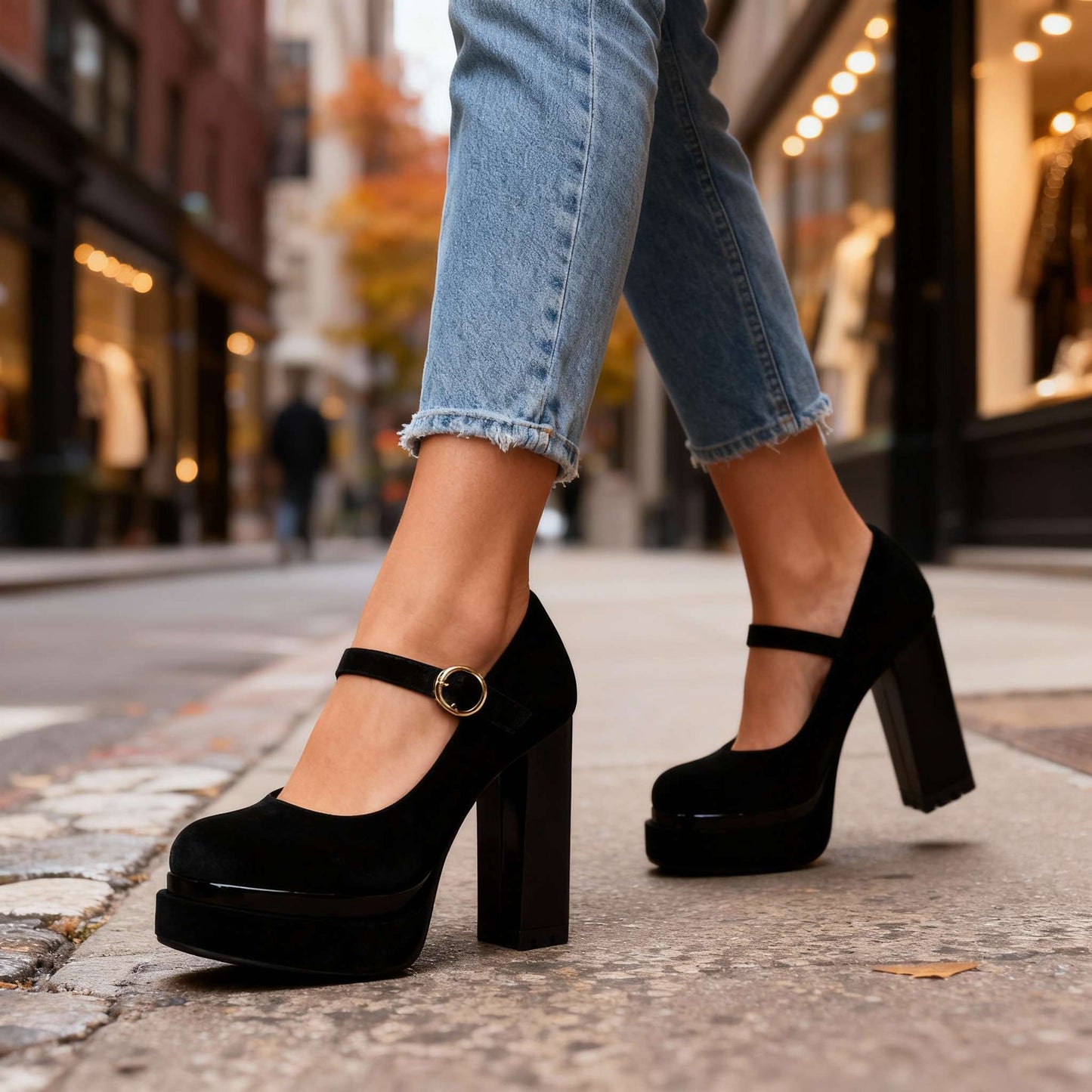 Women's Velvet Block Heel Mary Janes with Cushioned Insole