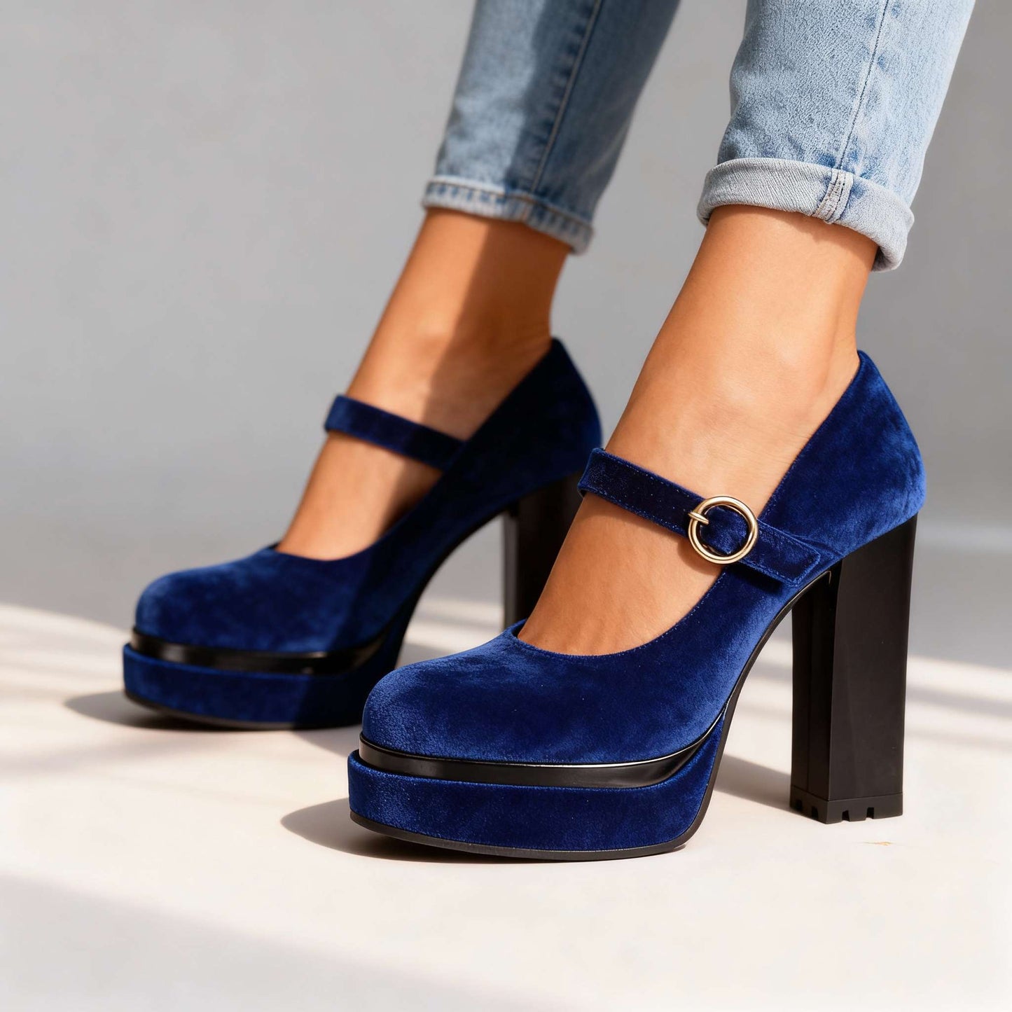 Women's Velvet Block Heel Mary Janes with Cushioned Insole
