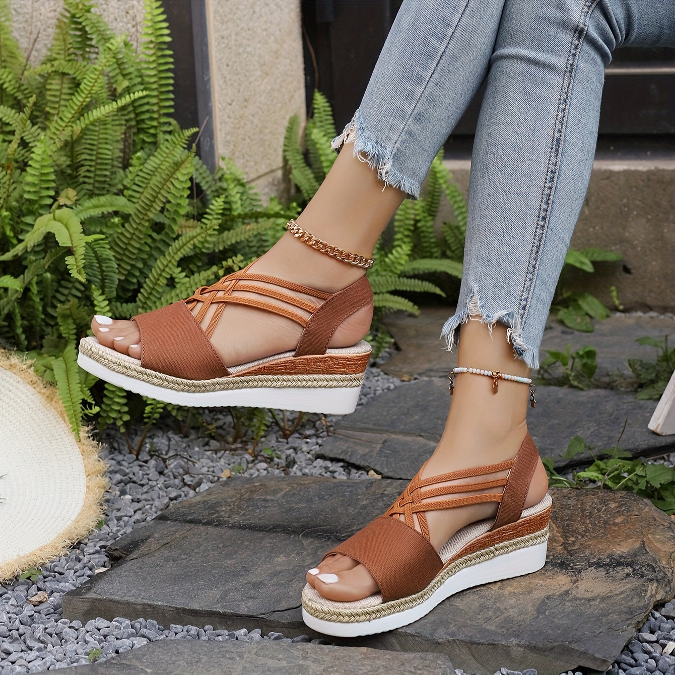 Women's Woven Espadrille Wedge Sandals with Criss-Cross Straps