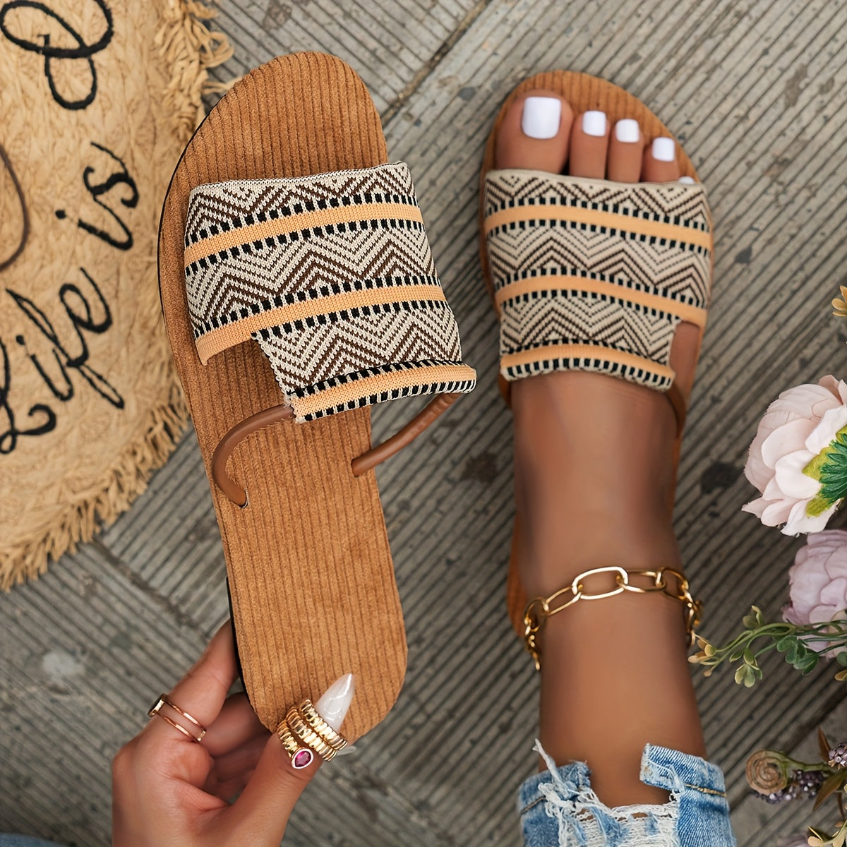 Women's Woven Slide Sandals with Soft Cushioned Footbed