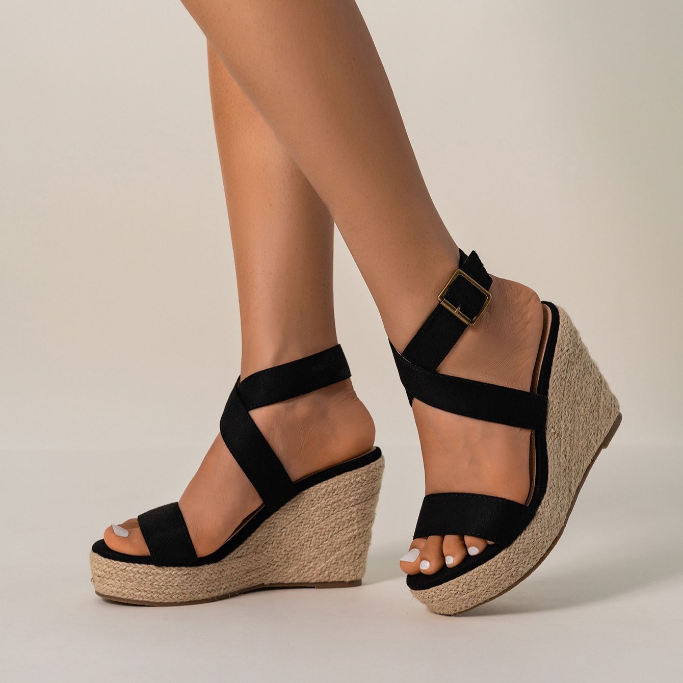 Women's Woven Wedge Sandals with Buckle Detail