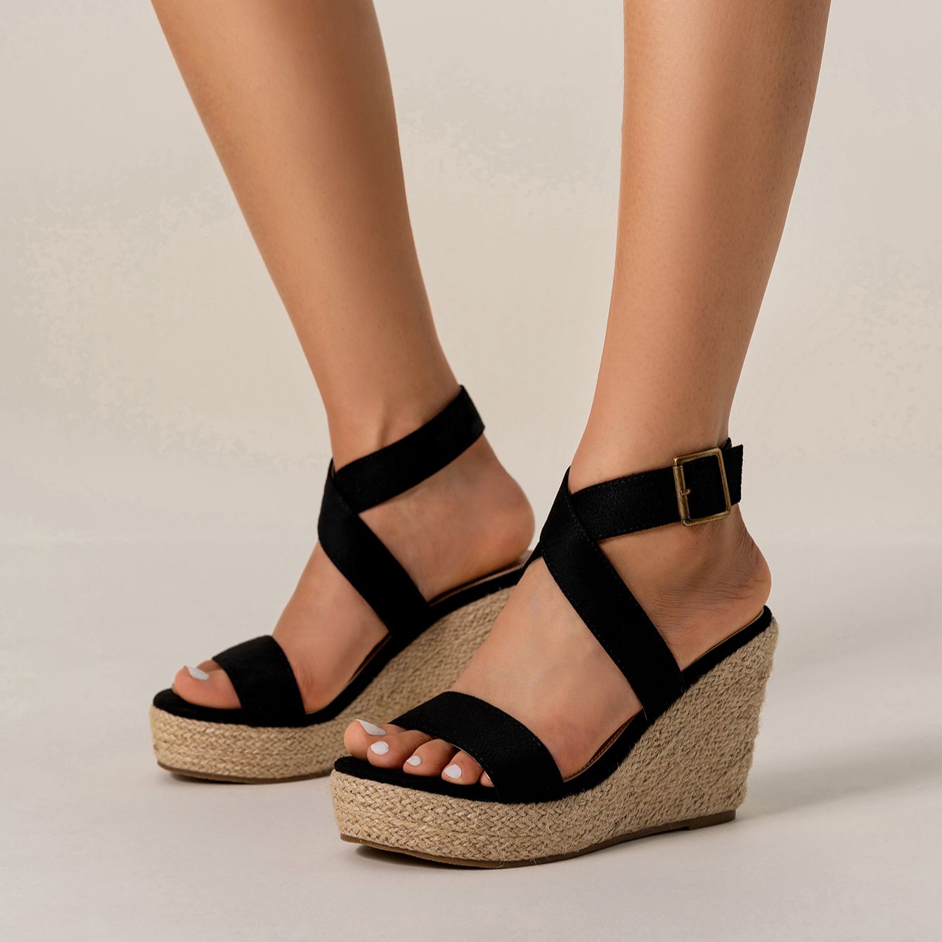 Women's Woven Wedge Sandals with Buckle Detail