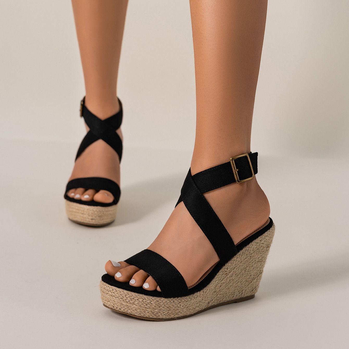 Women's Woven Wedge Sandals with Buckle Detail