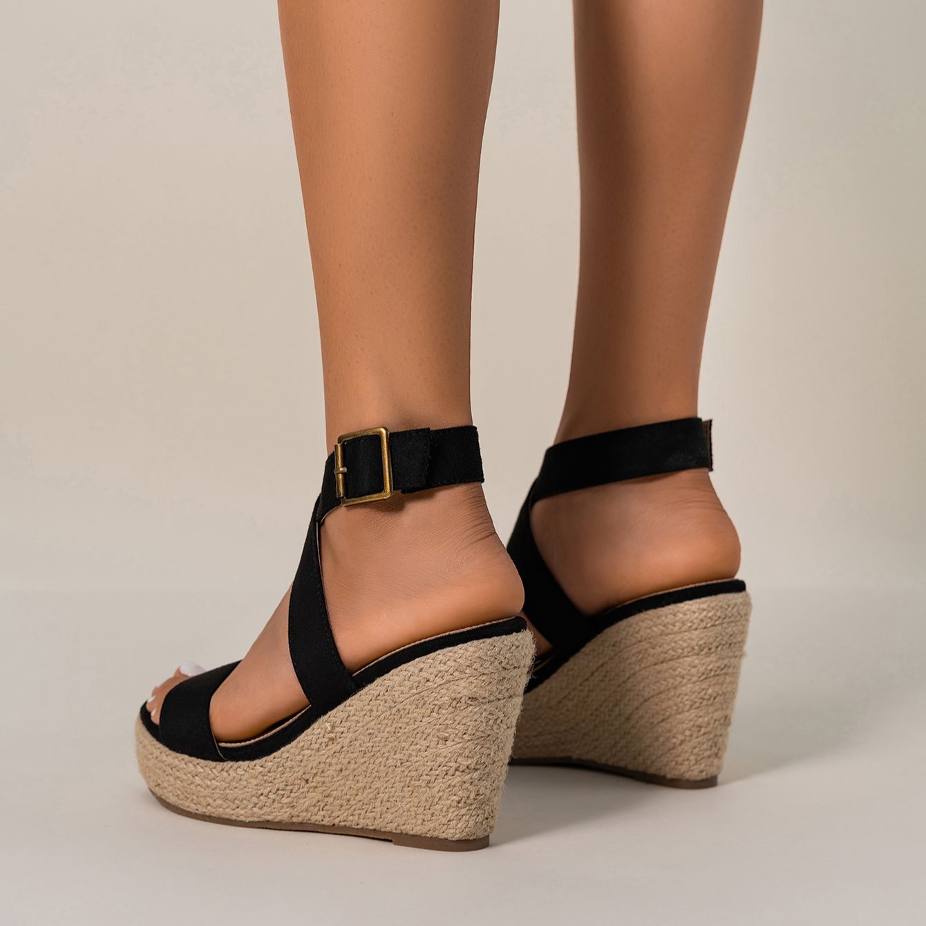 Women's Woven Wedge Sandals with Buckle Detail