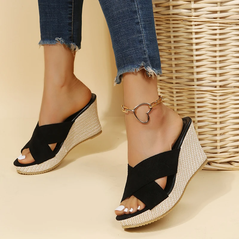 Women's Woven Wedge Sandals with Crossover Strap