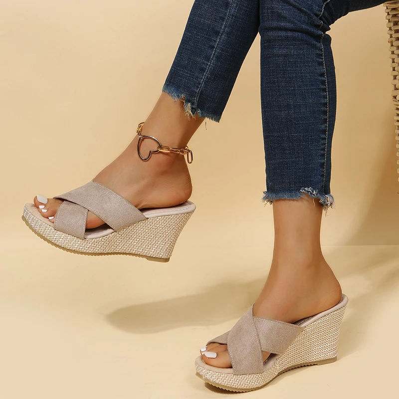 Women's Woven Wedge Sandals with Crossover Strap
