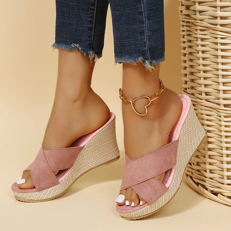 Women's Woven Wedge Sandals with Crossover Strap