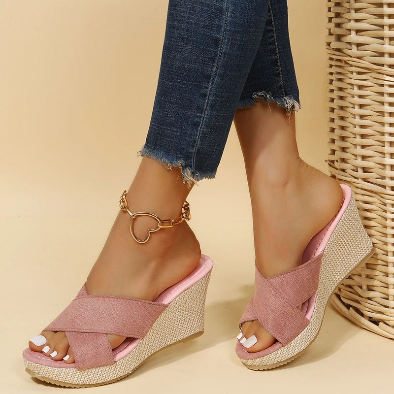 Women's Woven Wedge Sandals with Crossover Strap